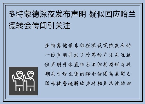 多特蒙德深夜发布声明 疑似回应哈兰德转会传闻引关注