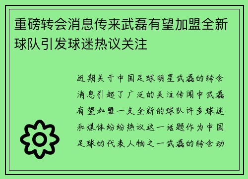 重磅转会消息传来武磊有望加盟全新球队引发球迷热议关注