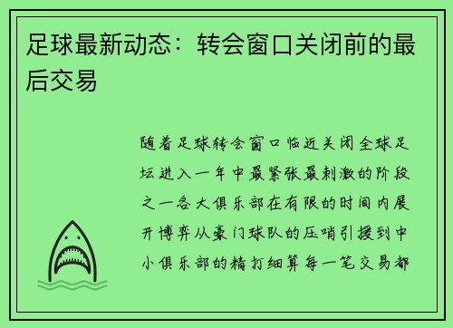 足球最新动态：转会窗口关闭前的最后交易